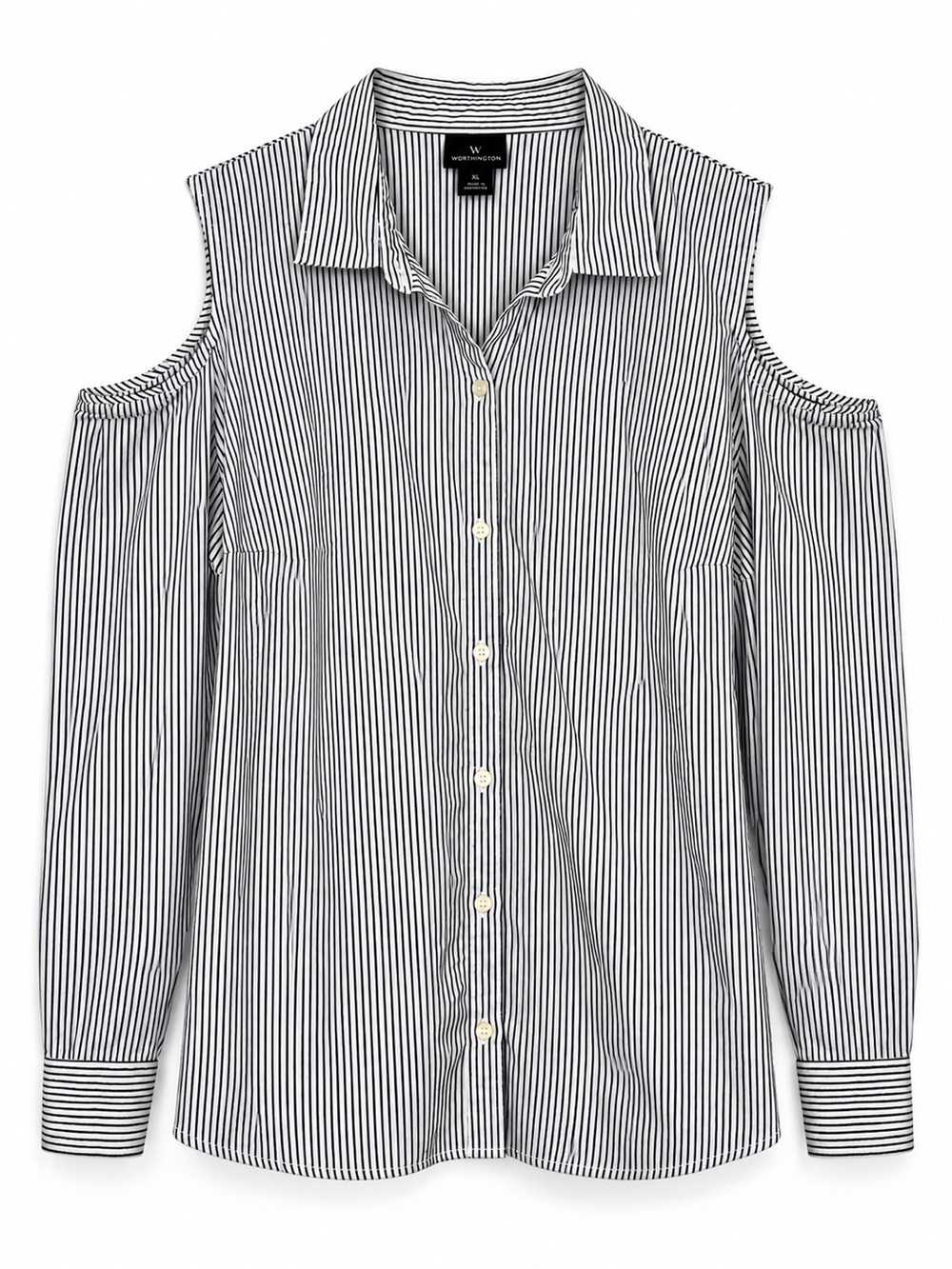 Worthington Women’s XL Black White Stripe Cold Shoulder Button Up Shirt